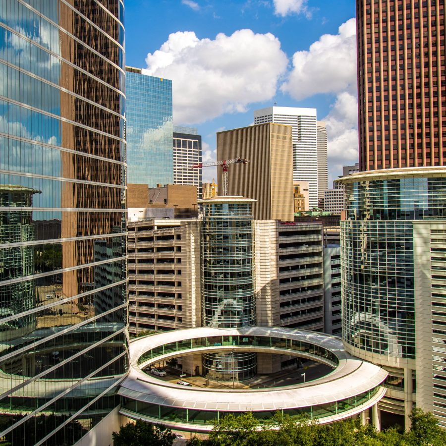 Downtown Houston highrise buildings Downtown Houston highrise buildings with a blue sky